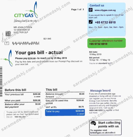 Singapore City Gas utility bill template, fully editable in PSD format